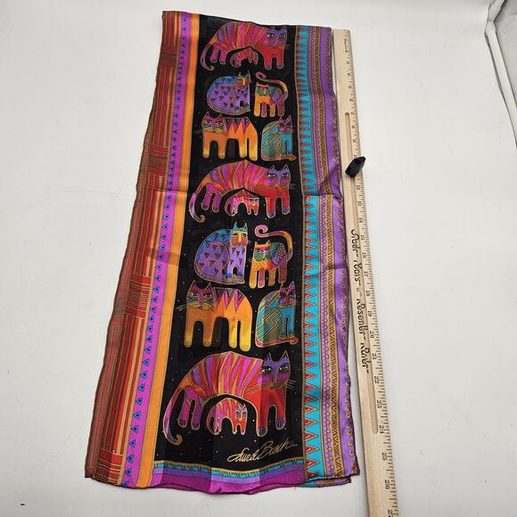 Laurel Burch Scarf Womens One Size Black Multicolor Silk Cats Oblong Whimsical - Picture 5 of 7